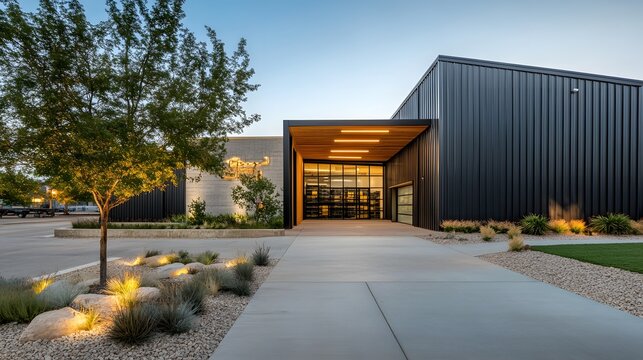 Exterior of a modern warehouse with a small office unit, featuring contemporary design, large windows, and metal siding, highlighting a professional and organized business environment