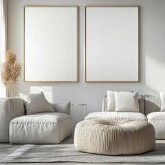 Modern living room featuring empty frames, comfortable seating, and decorations, creating a cozy atmosphere.