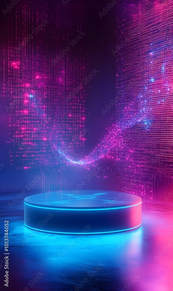 Poster 5. **neon data stream:** capture an image of a luminous neon podium with a holographic interface, se