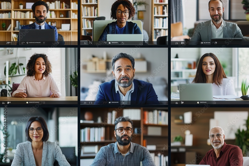 Poster nine professionals participate in an online conference, showcasing diverse backgrounds and engaging 