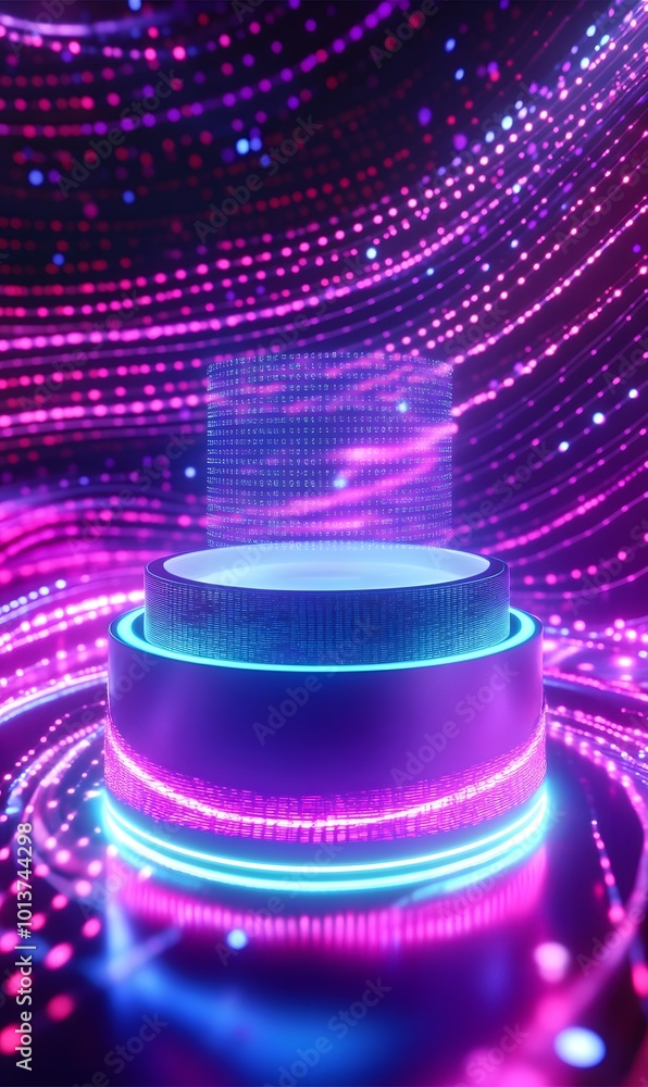 Poster 5. **neon data stream:** capture an image of a luminous neon podium with a holographic interface, se