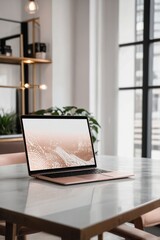 Desk Laptop with blank screen on table. Blank screen laptop computer on table at home.