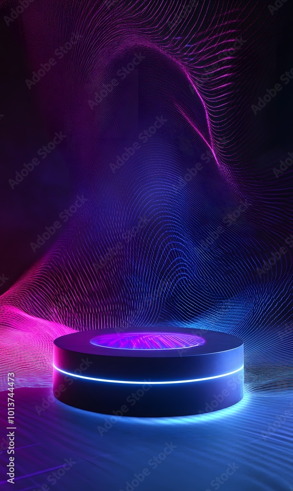 Poster 5. **neon data stream:** capture an image of a luminous neon podium with a holographic interface, se