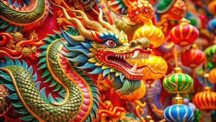 Fototapeta premium Embrace the spirit of the Chinese New Year with this colorful dragon wallpaper, adorned with lively patterns that bring an enchanting, festive ambiance to your space.