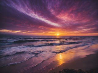 Fototapeta premium A colorful sunset sky over the ocean, with streaks of purple, pink, and gold blending together as the sun dips below the horizon 
