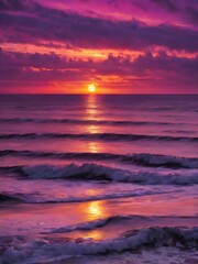 Fototapeta premium A colorful sunset sky over the ocean, with streaks of purple, pink, and gold blending together as the sun dips below the horizon 