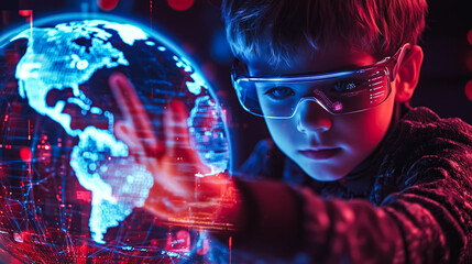 A boy interacts with a holographic globe, symbolizing curiosity and global awareness. The concept of the fusion of technology and education in understanding the world. Generative AI.