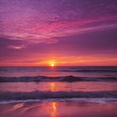 Fototapeta premium A colorful sunset sky over the ocean, with streaks of purple, pink, and gold blending together as the sun dips below the horizon 