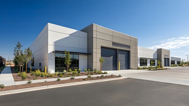Exterior of a modern warehouse with a small office unit, featuring contemporary design, large windows, and metal siding, highlighting a professional and organized business environment