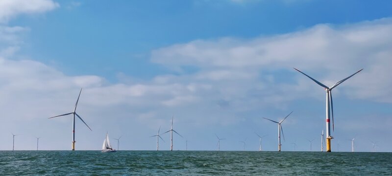 Voilier navigant entre les &eacute;oliennes offshore du parc &eacute;olien en mer de Saint-Nazaire, Loire Atlantique, France