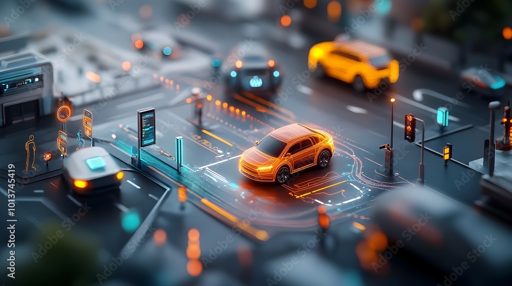 Poster seamless of autonomous vehicles smart traffic signals and pedestrian pathways capturing the dynamic 