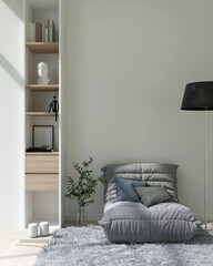 Modern interior design includes a mockup empty wall, a stylish sofa, a cabinet and natural wooden floors. 3D render