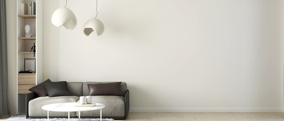 Modern interior design includes a empty space wall, a stylish sofa, a cabinet and natural wooden floors. 3D render © Kornkanok