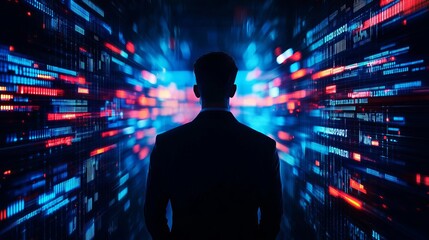 Silhouette of a person surrounded by vibrant digital data streams.