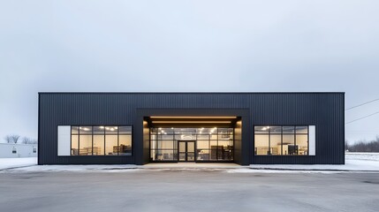 Fototapeta premium Exterior of a modern warehouse with a small office unit, featuring contemporary design, large windows, and metal siding, highlighting a professional and organized business environment