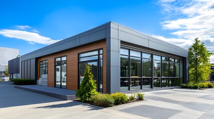 Exterior of a modern warehouse with a small office unit, featuring contemporary design, large windows, and metal siding, highlighting a professional and organized business environment
