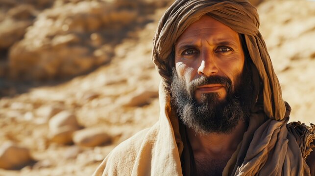 a Middle Eastern man from the time of Exodus, standing in the desert of Midian.