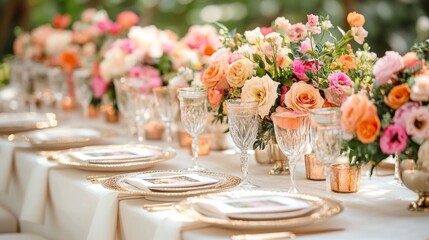 A long table set for a formal dinner with gold chargers, clear glassware, and a centerpiece of pink and orange roses.