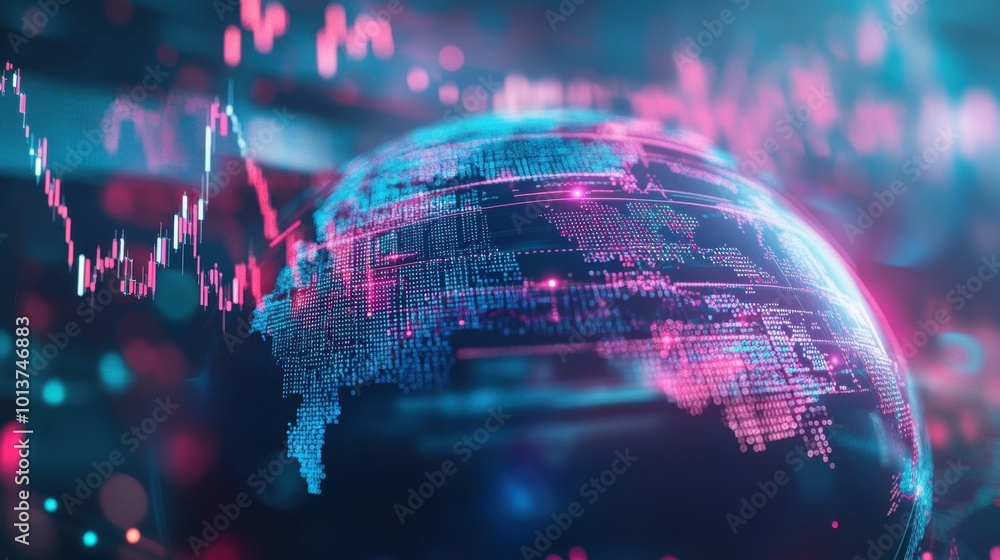 Poster abstract financial transaction lines encircle a virtual globe, representing the flow of global comme