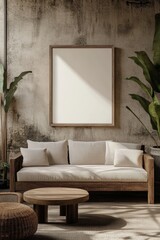 An artistic space featuring a minimalist sofa and frame against a textured backdrop, perfect for inspiring and elegant interior decor.