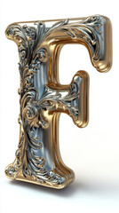 A ornate gold and silver letter F,  perfect for a luxurious design.