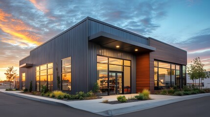 Exterior of a modern warehouse with a small office unit, featuring contemporary design, large...