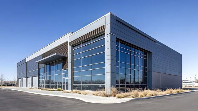 Exterior of a modern warehouse with a small office unit, featuring contemporary design, large windows, and metal siding, highlighting a professional and organized business environment