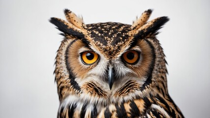 Fototapeta premium Close Up of Owl perched on a branch and isolated on a white background. 