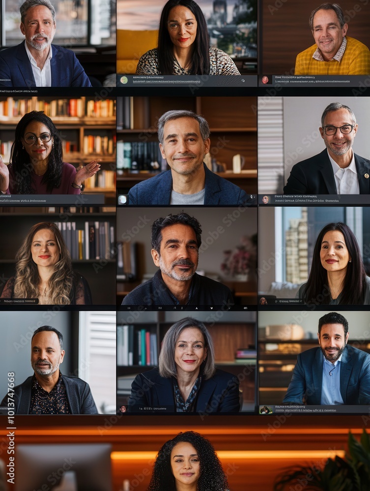 Leinwandbilder A diverse group of professionals participates in a virtual meeting, emphasizing collaboration and connection within a modern setting. Generative AI