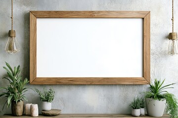 A rustic wall displays a wooden frame surrounded by an array of green plants, with gentle lighting creating a natural and vintage charm.