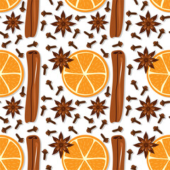 Seamless vector illustration print with ingredients for making mulled wine holiday autumn winter mood wallpaper Christmas background 