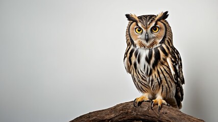 Obraz premium Close Up of Owl perched on a branch and isolated on a white background. 