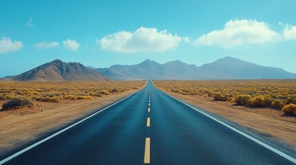 Fototapeta premium A long, straight road stretches through a desert landscape, disappearing into the distance. The road is paved and has white lines down the center. 