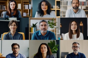 A virtual meeting features a group of individuals in a grid layout, showcasing diverse expressions and professional attire in a modern workspace. Generative AI
