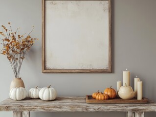 A rustic wooden table is adorned with autumn decorations, including pumpkins and candles, creating a warm seasonal setting.