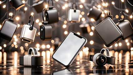 Glossy Floating Tech Accessories with Glowing Cyber Monday Price Tags - Vibrant Ecommerce Backdrop for Promotions