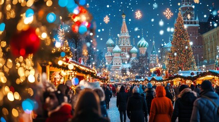Festive Cityscape: Joyful Crowd at Holiday Market with Bright Decorations