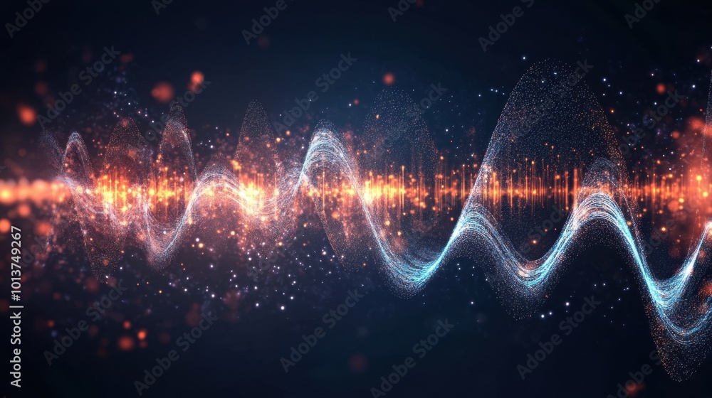 Poster abstract harmonic sound wave surrounded by glowing circular particles, set on a dark minimalist back