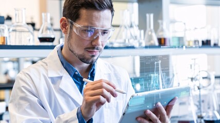 A close-up of a chemist using a digital stylus on a tablet to simulate the behavior of chemical elements under different temperatures in a virtual lab setting.