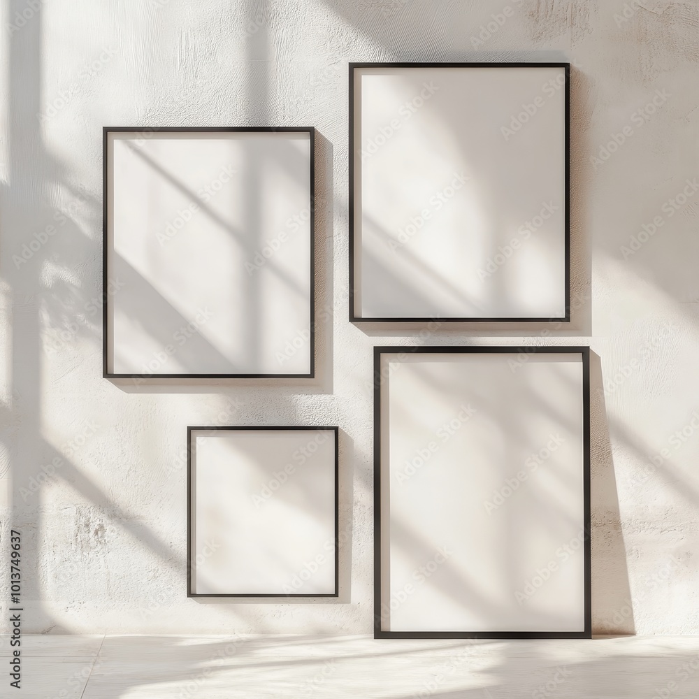 Poster the image shows four empty black frames adorning a sunlit wall, creating intriguing shadows in a bri