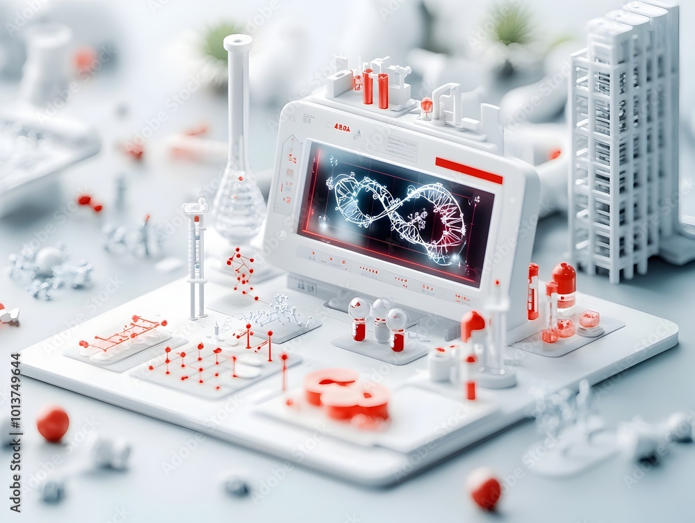 Poster 3d of a bioinformatics system showcasing a sprawling holographic dashboard displaying intricate dna 