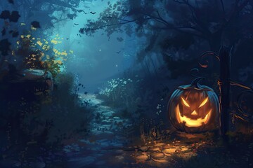 Naklejka premium Spooky Halloween night, dark forest, glowing jack-o-lantern pumpkin. copy space