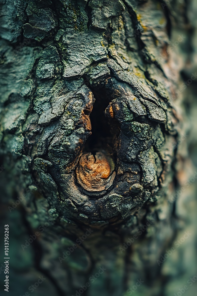 Poster close up of a tree bark with a knot and a hole. abstract texture of nature with natural imperfection