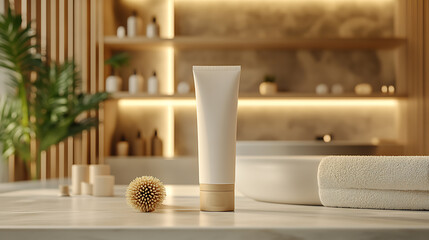 A white tube of lotion sits on a marble counter with a towel, a brush, and a partially visible tub in the background.