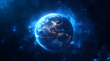 Fototapeta premium The scene has a space effect with a starry sky, a blue glow, and Planet Earth in the foreground, all against a dark background design with glowing neon light effects and a glowing white galaxy design