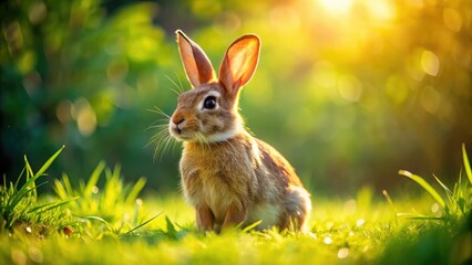 Fototapeta premium Graceful long-eared rabbit perched on vibrant green grass, enjoying the warm sun in a delightful outdoor paradise, showcasing its adorable charm and serene beauty.