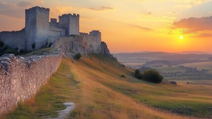 Obraz premium A majestic stone castle perched atop a hill overlooking a vast green valley, bathed in the warm glow of a setting sun.