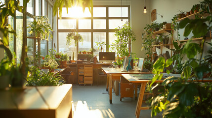 Obraz premium Eco-Friendly Workspace with Lush Green Plants and Natural Lighting in Modern Office