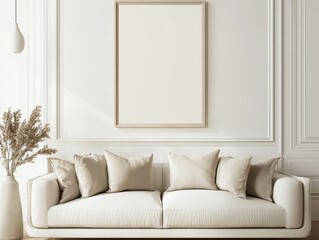Beige cushions adorn a soft white couch, placed below an empty picture frame on an elegantly mold-decorated wall.