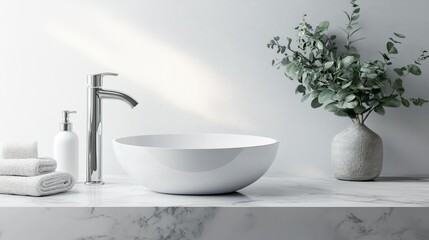 Fototapeta premium A clean, modern bathroom featuring a sleek oval sink and chrome tap, set on a marble vanity, with minimalistic decor and soft lighting enhancing the space.